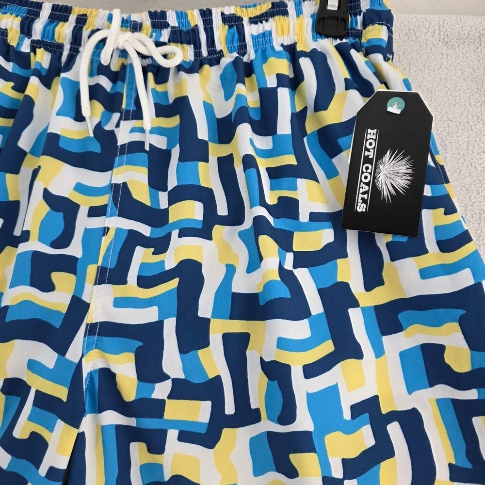 Hot‎ Coals Mens XL Swim Trunks Blue Yellow Geometric Maze Quick Dry UPF 50+ NWT